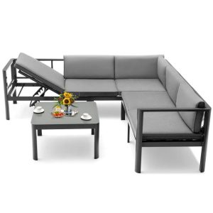 3 Pieces Aluminum Patio Furniture Set with 6-Level Adjustable Backrest Gray |   Outdoor Sectionals