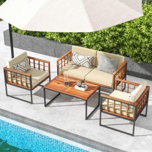 4 Pieces Acacia Wood Outdoor Sofa Set for Balcony, Porch, Backyard, Poolside  |   Outdoor Sectionals Outdoor & Patio Furniture Outdoor Sectionals