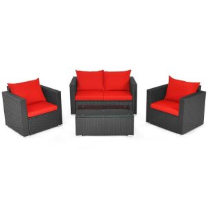 4 Pieces Patio Rattan Conversation Set with Padded Cushion Red |   Patio Conversation Sets Outdoor & Patio Furniture Patio Conversation Sets