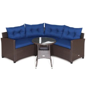 4 Pieces Patio Rattan Furniture Set Cushioned Sofa Glass Table Navy |   Outdoor Sectionals