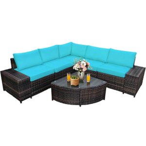 6 Piece Wicker Patio Sectional Sofa Set with Tempered Glass Coffee Table Turquoise |   Outdoor Sectionals