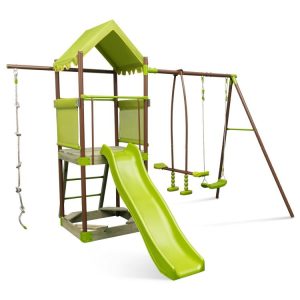 7-in-1 Kids Outdoor Metal Playset with Wave Slide and Climbing Rope Green |   Swing & Playsets Outdoor Play Green