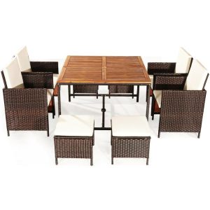 9 Pieces Patio Rattan Dining Cushioned Chairs Set White |   Patio Dining Sets