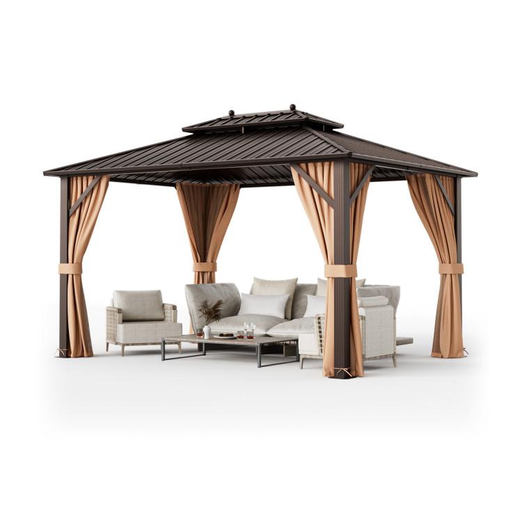 10 x 13 Feet Patio Hardtop Gazebo with Galvanized Steel Double Roof and Netting Coffee |   Gazebos Gazebos Coffee