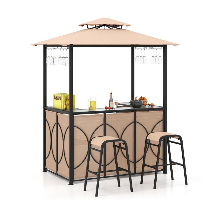 3-Piece Patio Bar Set Grill Gazebo & 2 Bar Stools with Tempered Glass Bar Table Brown |   Patio Bar Furniture Outdoor & Patio Furniture Brown